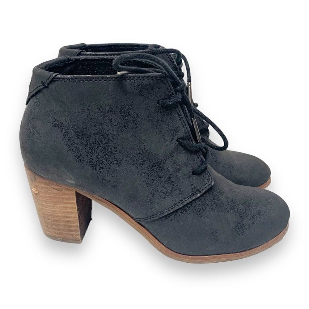 Toms Women’s Lunata Leather Lace Up Ankle Booties Black Stacked Block Heel Sz 7